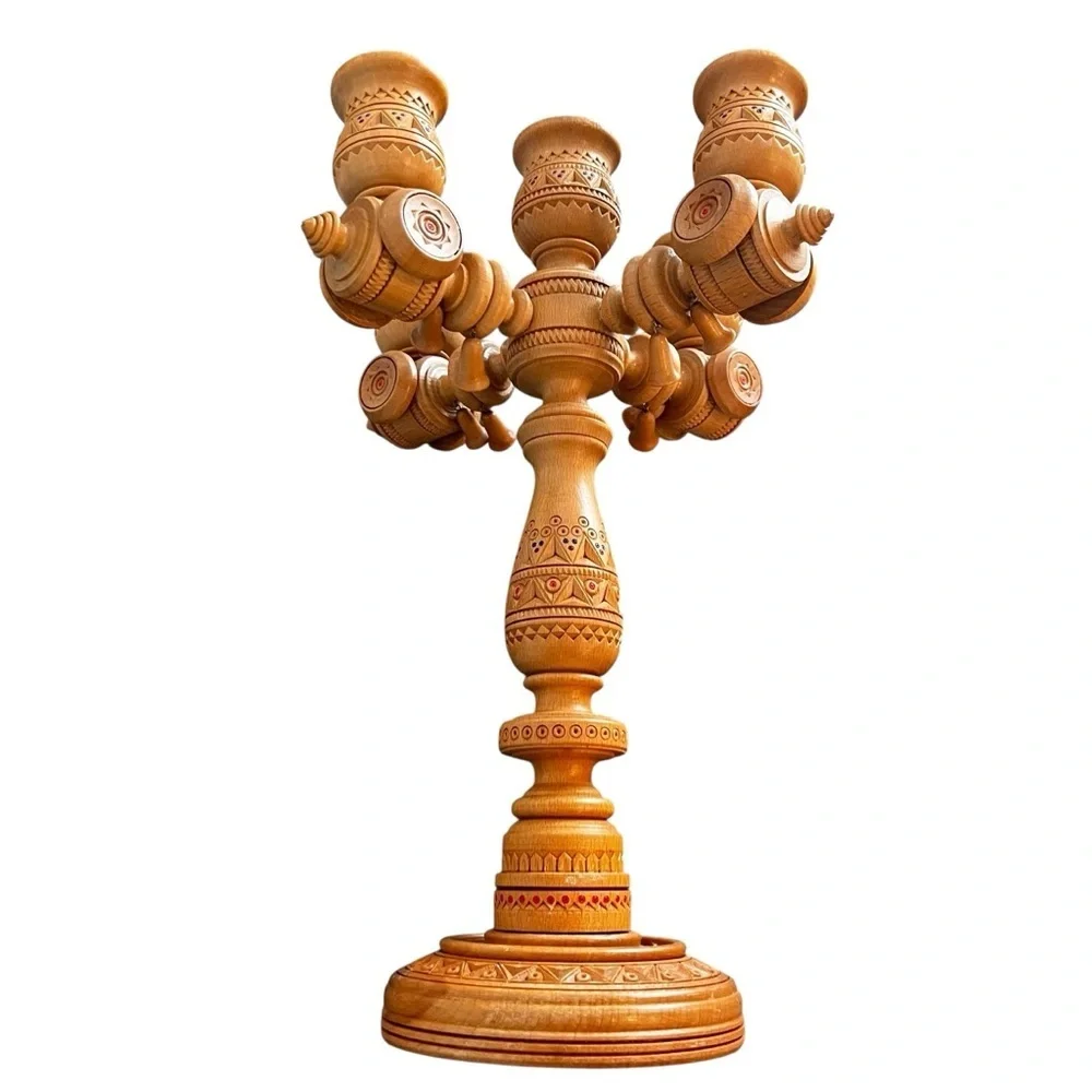 Large 14” Scandinavian German Turned Wood Beaded 5 Arm Candelabra